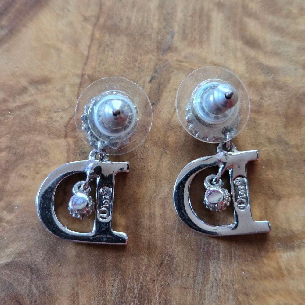 Vintage Y2K Dior Crystal D Embellished Drop Dangle Pierced Ears Earrings Silver - Picture 7 of 8